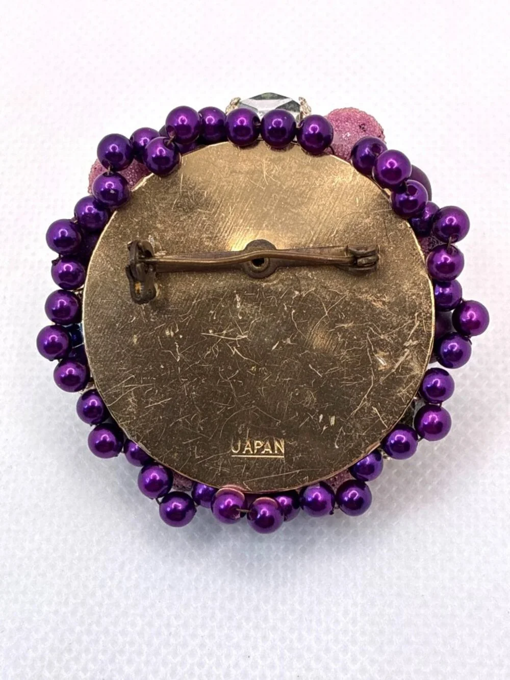 Vtg Japan Purple Brooch Sugar Beads Gold Accents & Faux Gemstones 2 In Diameter